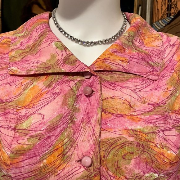 60s Vintage Pink Green Yellow Psychedelic Wide Collar Shirt Dress with Glass But - Picture 4 of 7